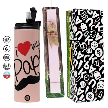 I Love my papa, Πασχαλινή Λαμπάδα με  ΡΟΖ Travel Tumbler θερμό (600ml, BPA free) & κερί αρωματικό πλακέ (30cm) (ΡΟΖ)