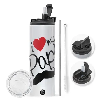 I Love my papa, Travel Tumbler 2 Lids, with metal straw & cleaning brush (Stainless steel 304 Food grade, BPA free, 600ml)