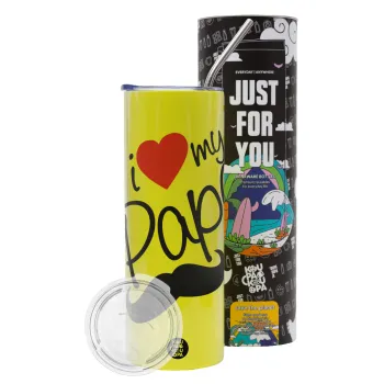 I Love my papa, Neon Yellow Travel Tumbler θερμό, μεταλλικό καλαμάκι(Ανωξείδωτο 304 Food grade, BPA free, 600ml)
