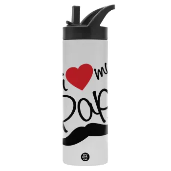 I Love my papa, Μεταλλικό παγούρι θερμός με καλαμάκι & χειρολαβή, ανοξείδωτο ατσάλι (Stainless steel 304), διπλού τοιχώματος, 600ml
