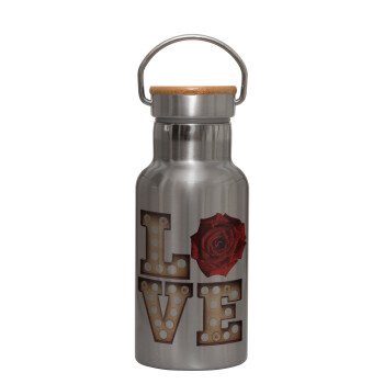 Love lights and roses, Μεταλλικό παγούρι θερμός (Stainless steel) Ασημένιο με ξύλινο καπακι (bamboo), διπλού τοιχώματος, 350ml