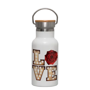 Love lights and roses, Metallic thermos (Stainless steel) White with wooden lid (bamboo), double-walled, 350ml