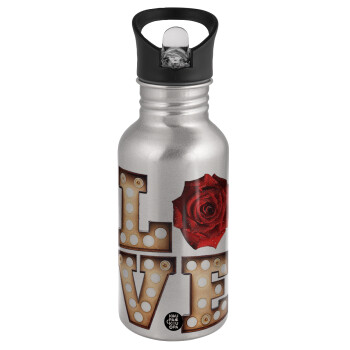 Love lights and roses, Water bottle Silver with straw, stainless steel 500ml