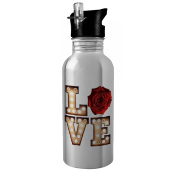 Love lights and roses, Water bottle Silver with straw, stainless steel 600ml