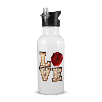 Love lights and roses, White water bottle with straw, stainless steel 600ml