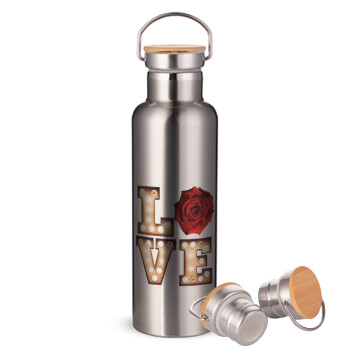 Love lights and roses, Stainless steel Silver with wooden lid (bamboo), double wall, 750ml