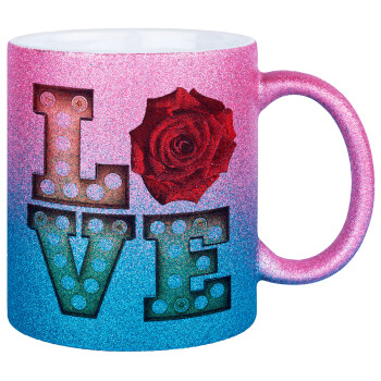 Love lights and roses, Κούπα Χρυσή/Μπλε Glitter, κεραμική, 330ml