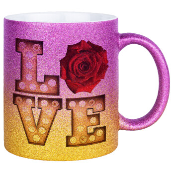 Love lights and roses, Κούπα Χρυσή/Ροζ Glitter, κεραμική, 330ml