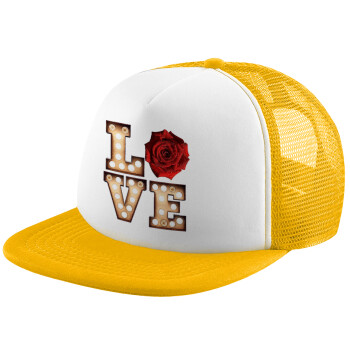 Love lights and roses, Καπέλο Ενηλίκων Soft Trucker με Δίχτυ Κίτρινο/White (POLYESTER, ΕΝΗΛΙΚΩΝ, UNISEX, ONE SIZE)