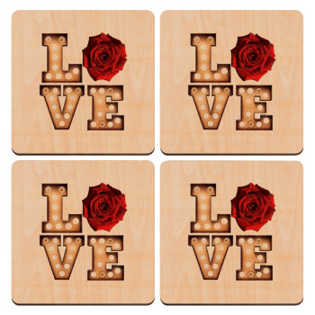 Love lights and roses, ΣΕΤ x4 Σουβέρ ξύλινα τετράγωνα plywood (9cm)
