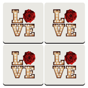 Love lights and roses, ΣΕΤ 4 Σουβέρ ξύλινα τετράγωνα (9cm)
