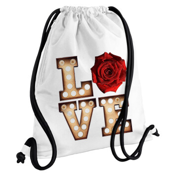 Love lights and roses, Τσάντα πλάτης πουγκί GYMBAG λευκή, με τσέπη (40x48cm) & χονδρά κορδόνια