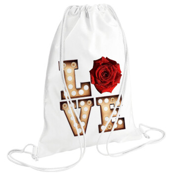 Love lights and roses, Τσάντα πλάτης πουγκί GYMBAG λευκή (28x40cm)
