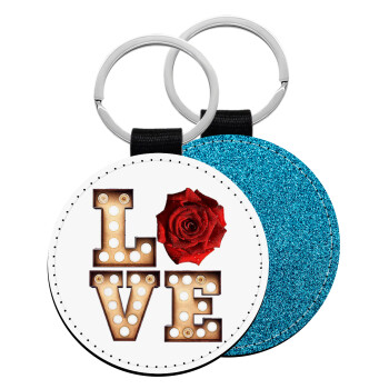 Love lights and roses, Μπρελόκ Δερματίνη, στρογγυλό ΜΠΛΕ (5cm)