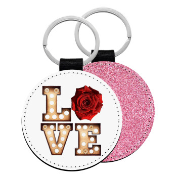 Love lights and roses, Μπρελόκ Δερματίνη, στρογγυλό ΡΟΖ (5cm)