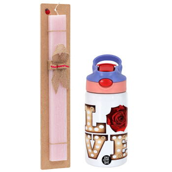 Love lights and roses, Easter Set, Children's thermal stainless steel water bottle with safety straw, pink/purple (350ml) & Easter scented flat candle (30cm) (PINK)