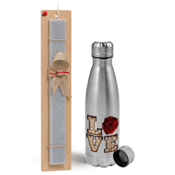 Love lights and roses, Easter Set, metallic Inox water bottle (750ml) & aromatic flat Easter candle (30cm) (GRAY)