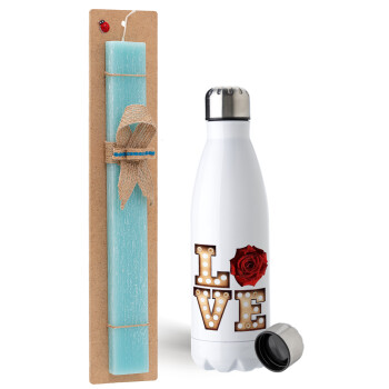 Love lights and roses, Easter Set, metallic stainless steel water bottle (750ml) & aromatic flat Easter candle (30cm) (TURQUOISE)