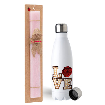 Love lights and roses, Easter Set, metallic stainless steel water bottle (750ml) & scented flat Easter candle (30cm) (PINK)