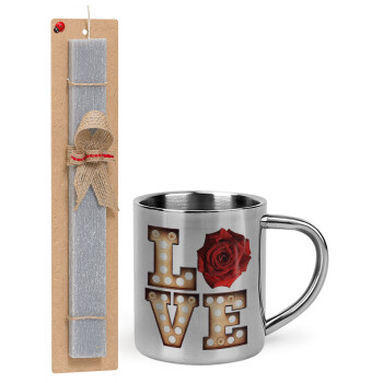 Love lights and roses, Easter Set, metallic thermal cup (300ml) & Easter aromatic flat candle (30cm) (GRAY)