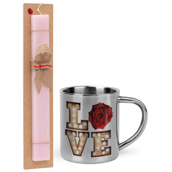 Love lights and roses, Easter Set, metallic thermal cup (300ml) & aromatic flat Easter candle (30cm) (PINK)