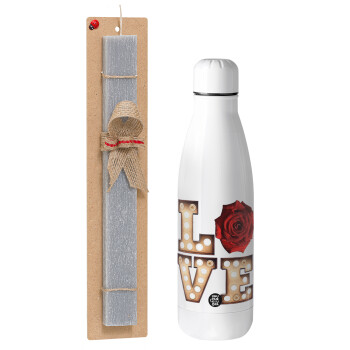 Love lights and roses, Easter Set, metallic stainless thermos bottle (500ml) & scented flat Easter candle (30cm) (GRAY)