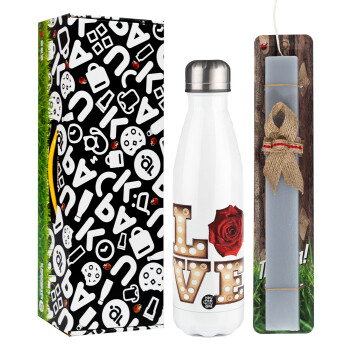 Love lights and roses, Easter candle, metallic white thermos bottle (500ml) & aromatic flat candle (30cm) (GRAY)