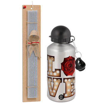 Love lights and roses, Easter Set, metallic silver aluminum water bottle (500ml) & aromatic flat Easter candle (30cm) (GRAY)