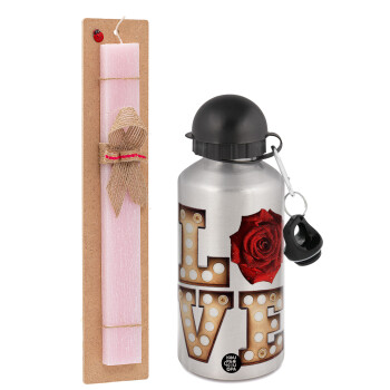 Love lights and roses, Easter Set, metallic Silver aluminum water bottle (500ml) & scented flat Easter candle (30cm) (PINK)