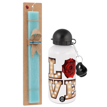 Love lights and roses, Easter Set, metallic aluminum water bottle (500ml) & scented flat candle (30cm) (TURQUOISE)