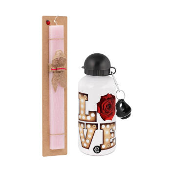 Love lights and roses, Easter Set, metallic aluminum bottle (500ml) & aromatic flat Easter candle (30cm) (PINK)
