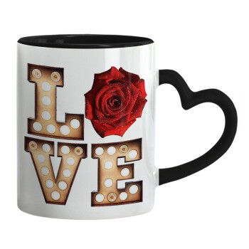 Love lights and roses, Mug heart black handle, ceramic, 330ml