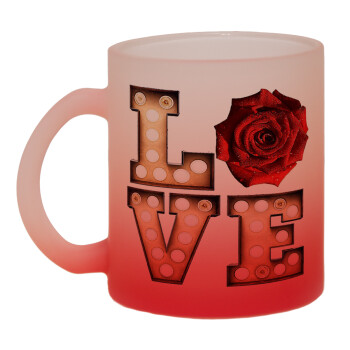 Love lights and roses, Κούπα γυάλινη δίχρωμη με βάση το κόκκινο ματ, 330ml