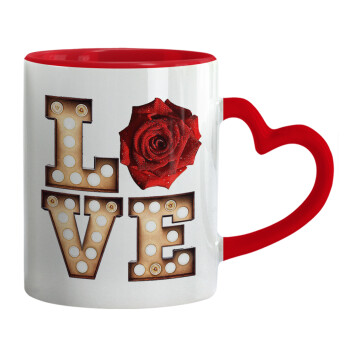 Love lights and roses, Mug heart red handle, ceramic, 330ml