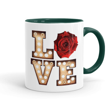 Love lights and roses, Mug colored green, ceramic, 330ml