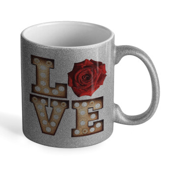 Love lights and roses, Κούπα Ασημένια Glitter που γυαλίζει, κεραμική, 330ml