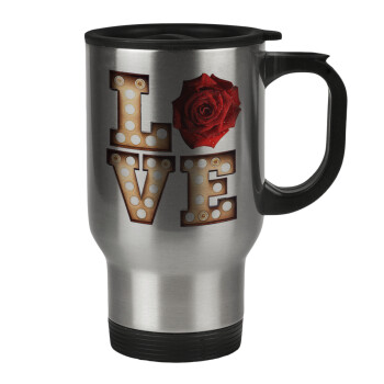 Love lights and roses, Stainless steel travel mug with lid, double wall 450ml