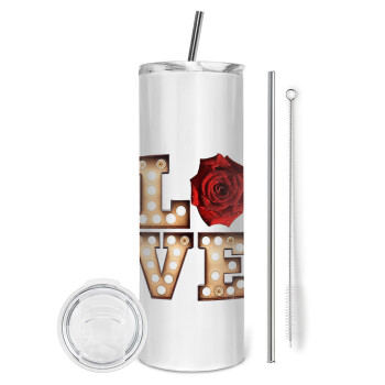 Love lights and roses, Eco friendly stainless steel tumbler 600ml, with metal straw & cleaning brush
