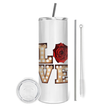 Love lights and roses, Tumbler stainless steel 600ml, with metal straw & cleaning brush