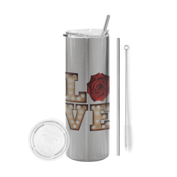 Love lights and roses, Eco friendly stainless steel Silver tumbler 600ml, with metal straw & cleaning brush