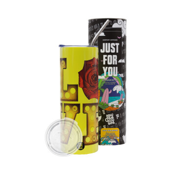 Love lights and roses, Neon Yellow Travel Tumbler, with metal straw (Stainless steel 304 Food grade, BPA free, 600ml)