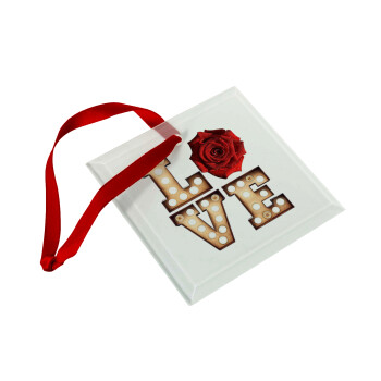 Love lights and roses, Στολίδι Χριστουγεννιάτικο στολίδι γυάλινο τετράγωνο 9x9cm