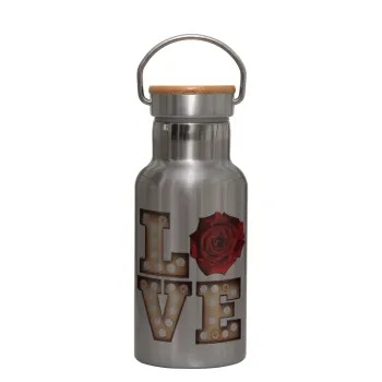 Love lights and roses, Μεταλλικό παγούρι θερμός (Stainless steel) Ασημένιο με ξύλινο καπακι (bamboo), διπλού τοιχώματος, 350ml
