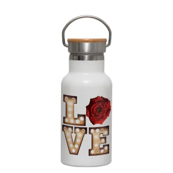 Love lights and roses, Metallic thermos (Stainless steel) White with wooden lid (bamboo), double-walled, 350ml
