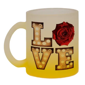 Love lights and roses, Κούπα γυάλινη δίχρωμη με βάση το κίτρινο ματ, 330ml