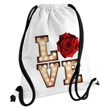Love lights and roses, Backpack pouch GYMBAG white, with pocket (40x48cm) & thick cords