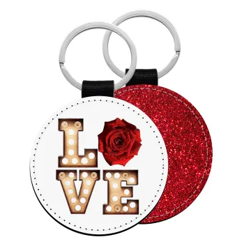 Love lights and roses, Μπρελόκ Δερματίνη, στρογγυλό ΚΟΚΚΙΝΟ (5cm)