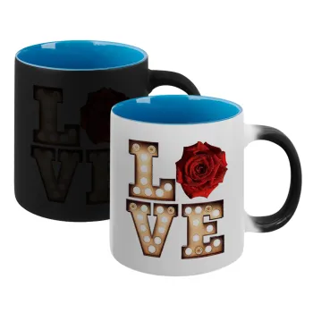 Love lights and roses, Κούπα Μαγική εσωτερικό μπλε, κεραμική 330ml που αλλάζει χρώμα με το ζεστό ρόφημα
