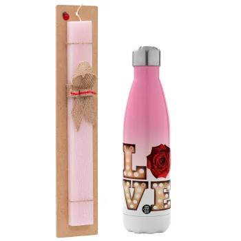 Love lights and roses, Easter Set, Metallic pink/white (Stainless steel) thermos, double-walled, 500ml & aromatic flat Easter candle (30cm) (PINK)