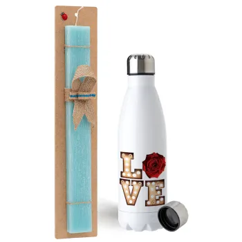 Love lights and roses, Easter Set, metallic stainless steel water bottle (750ml) & aromatic flat Easter candle (30cm) (TURQUOISE)